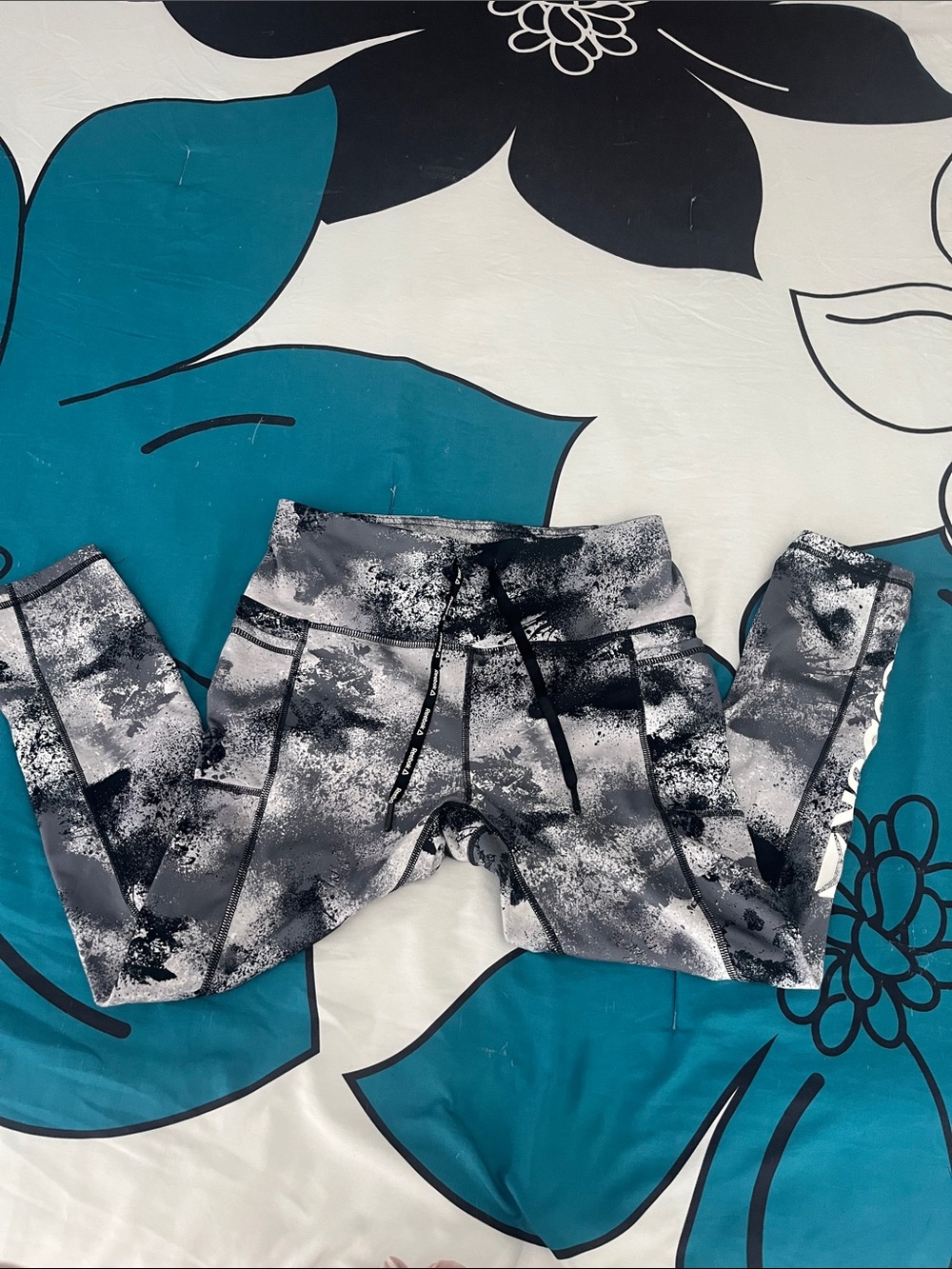 Reebok Black and Gray Tie-Dye Leggings